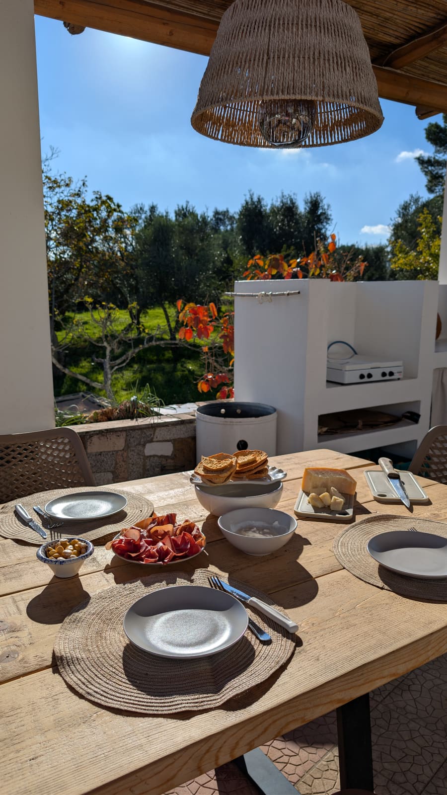 The table set for lunch under the pergola