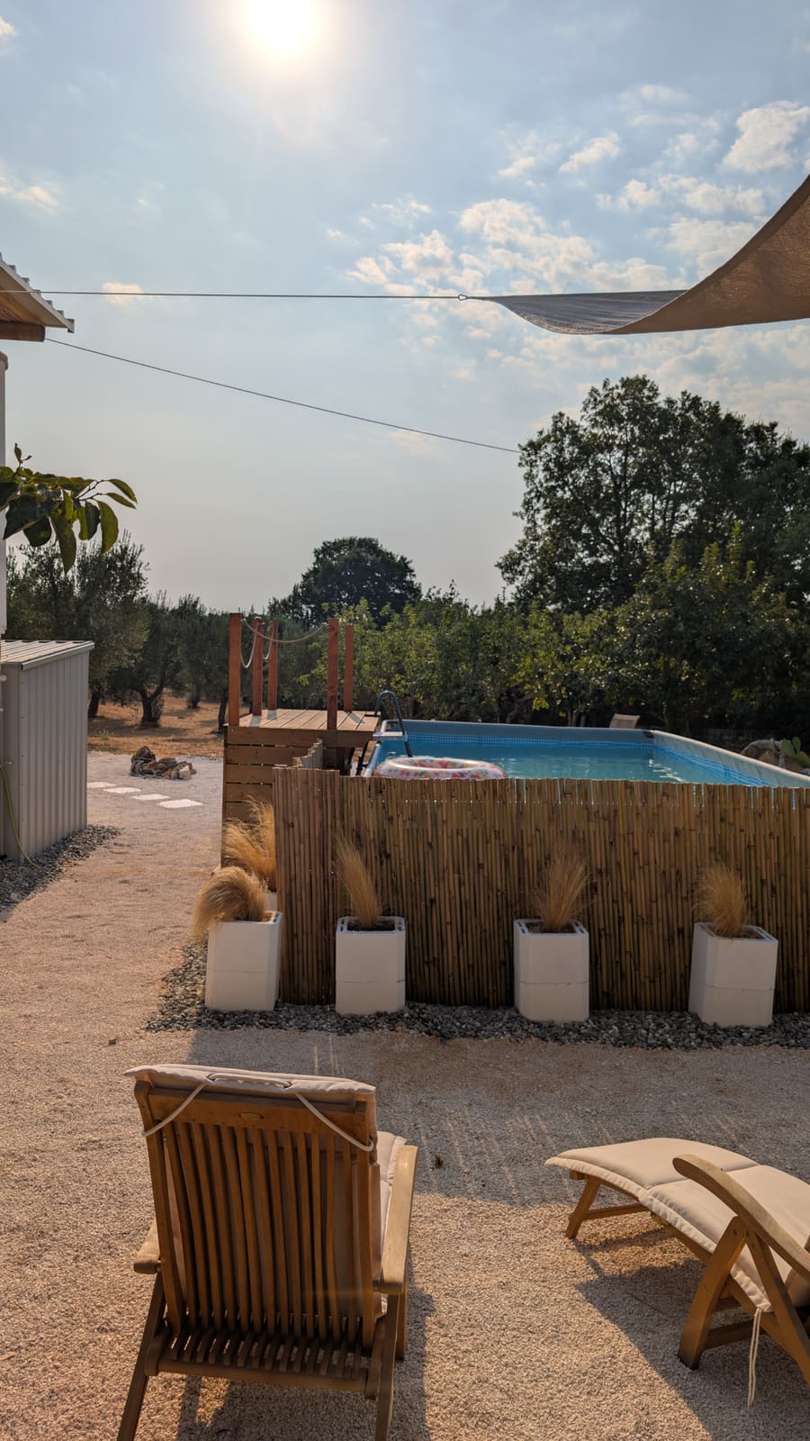 The pool in the garden, loungers in the afternoon sun
