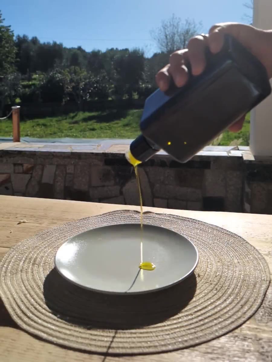 The new oil poured onto a white plate, the grove behind